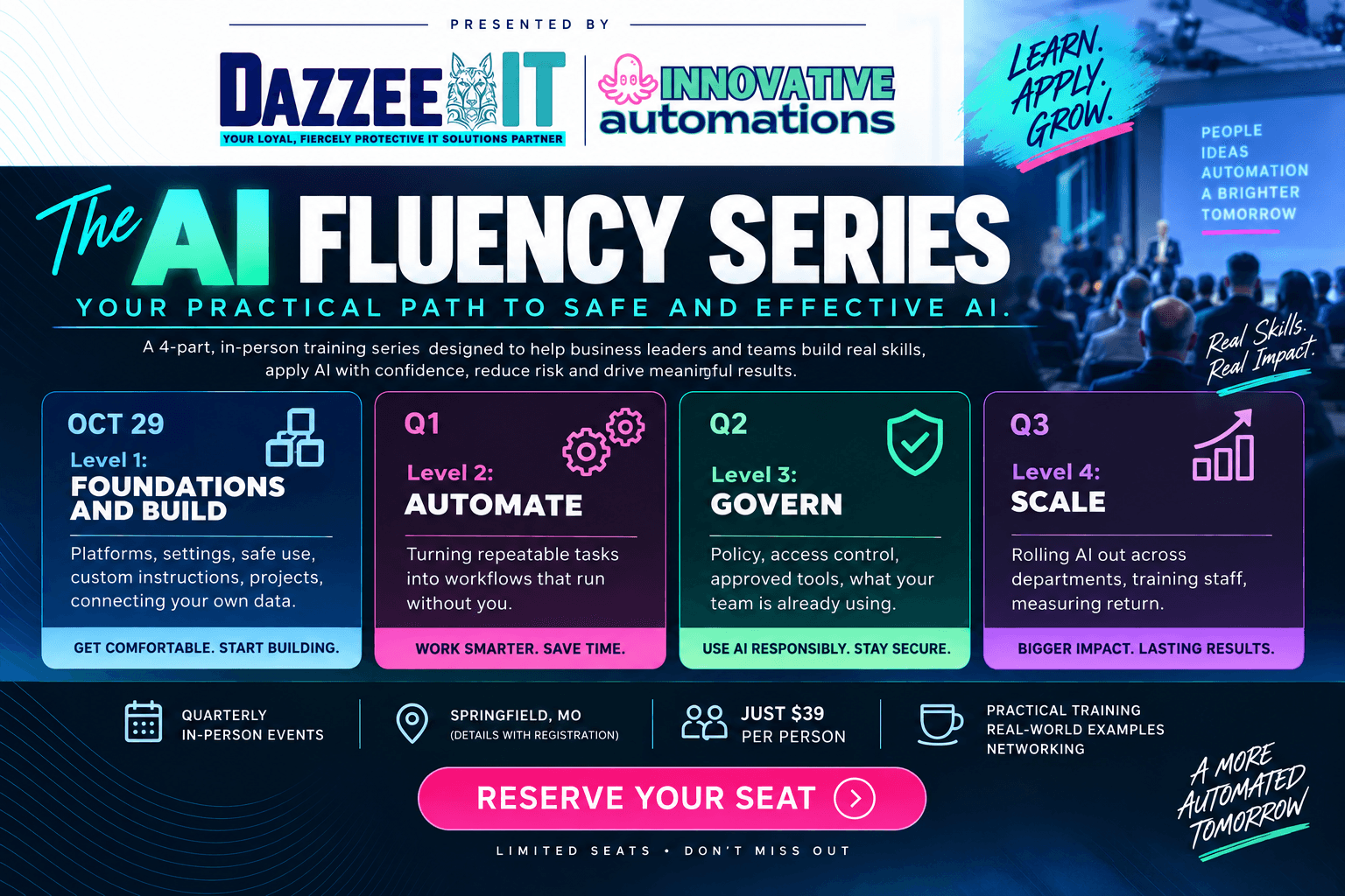 The AI Fluency Series flyer: four quarterly in-person levels, Foundations and Build on October 29, then Automate, Govern, and Scale, in Springfield, MO, $39 per person